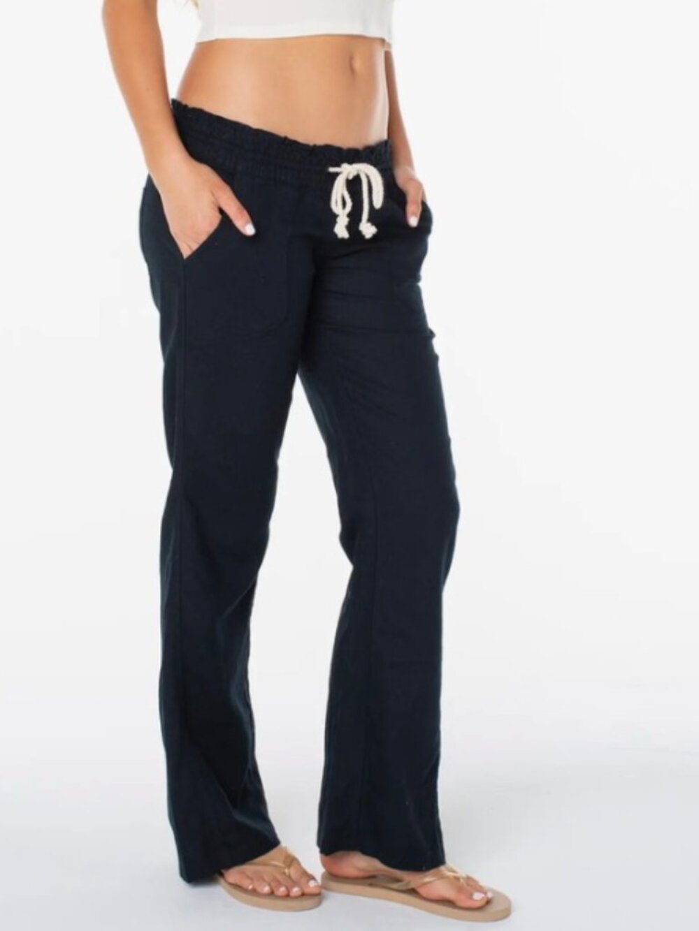 Roxy Oceanside Linen Blend Drawstring Pants Anthracite Medium